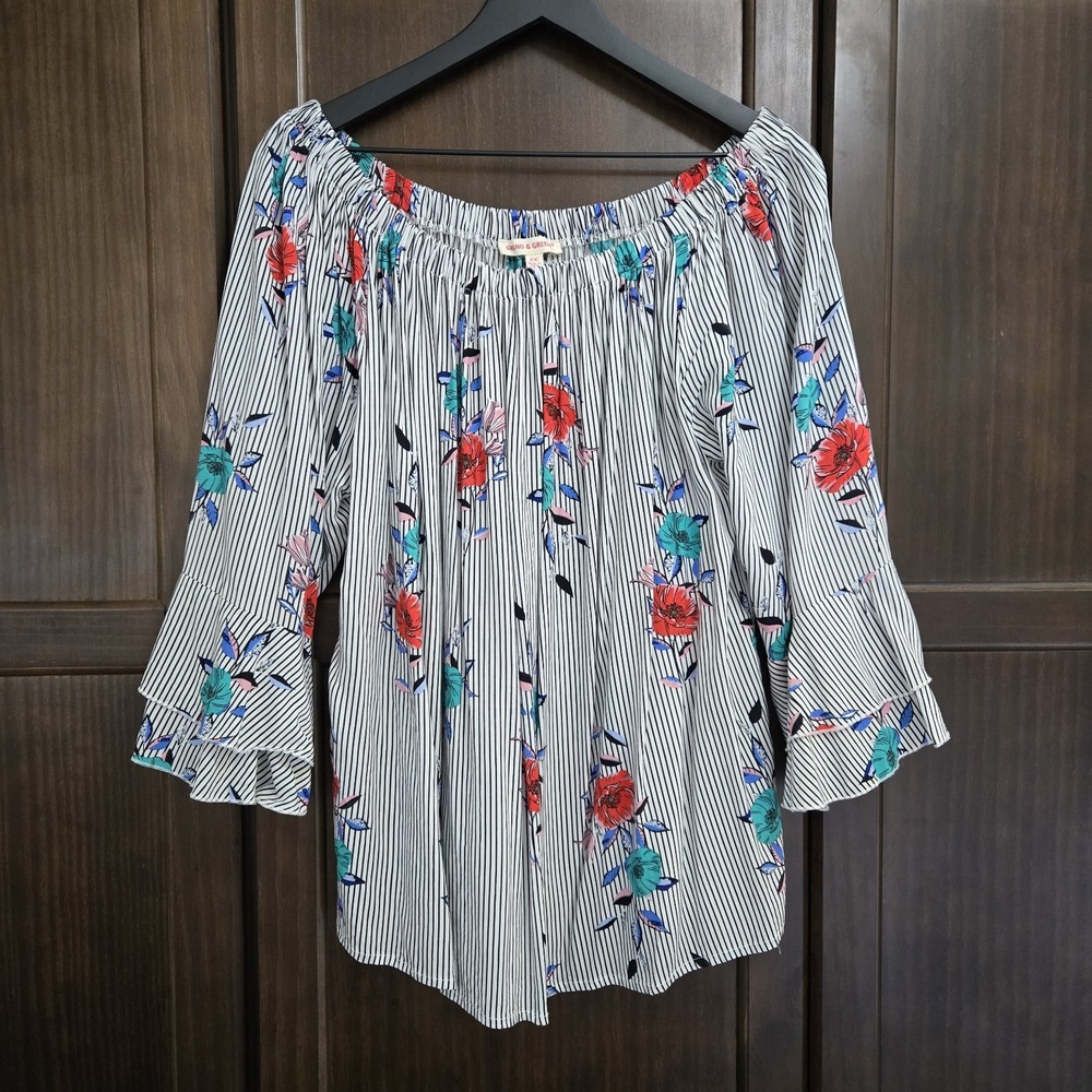 Grand & Greene Womens 2X Floral Stripe 3/4‎ Sleeve Double Ruffle Off Shoulder
